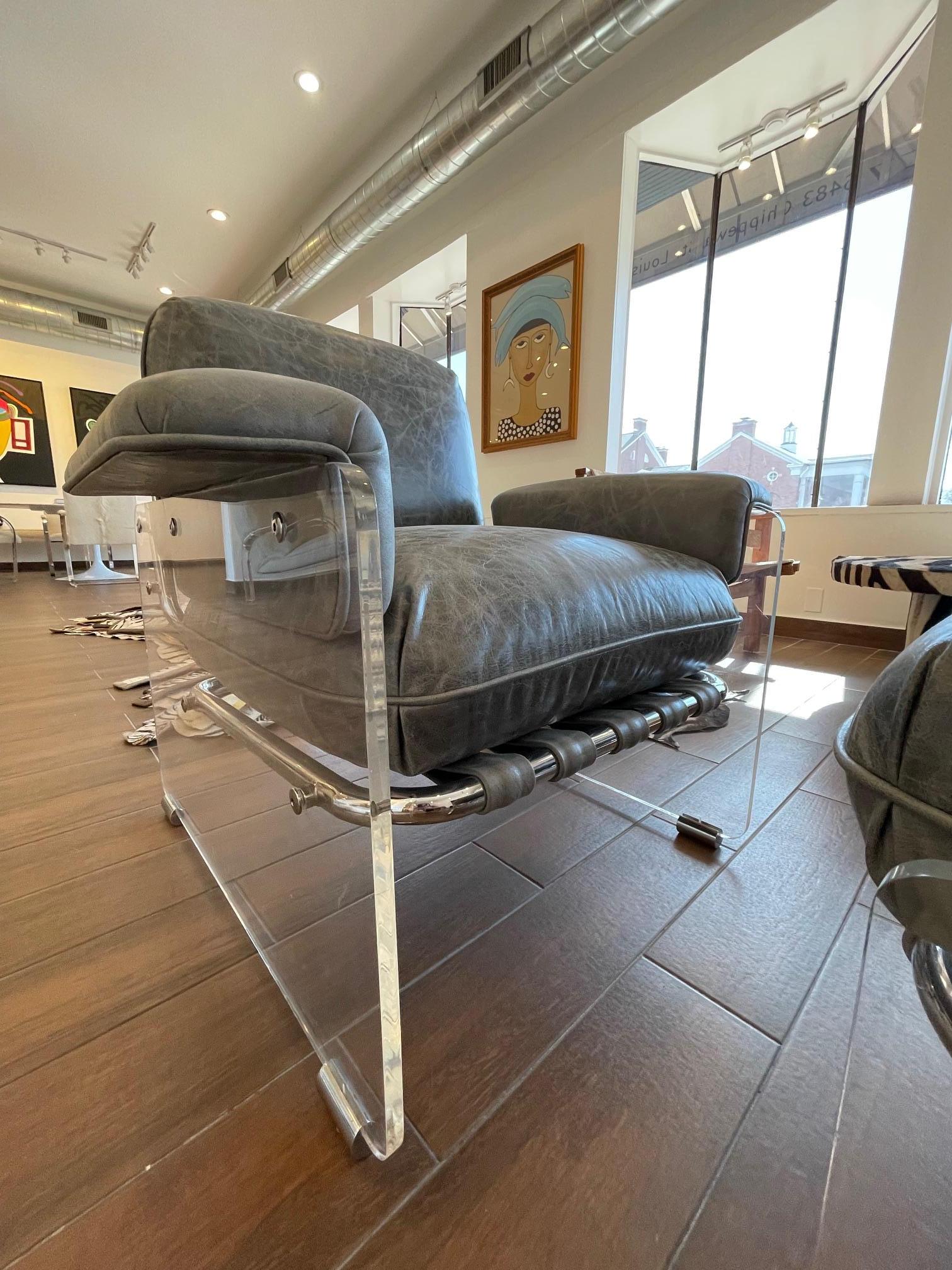 Vintage Pace Collection Argenta Lucite Chair and ottoman in Smokey Leather For Sale 3