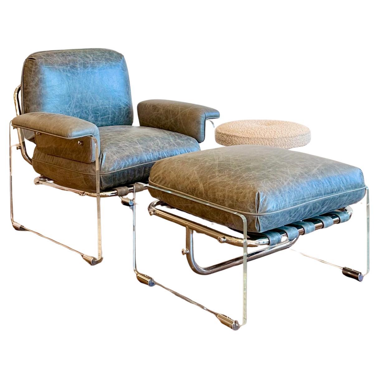 Vintage Pace Collection Argenta Lucite Chair and ottoman in Smokey Leather For Sale