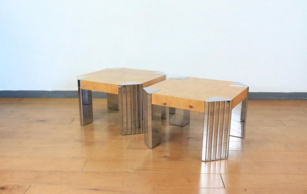vintage Pace Collection Burlwood Side tables . These tables are in very interesting since they are designed with chrome details on the side . The side tables are a bit heavy but are very sturdy. 