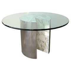Table de salle à manger ronde vintage Pace Collection chrome et verre marbré 70s