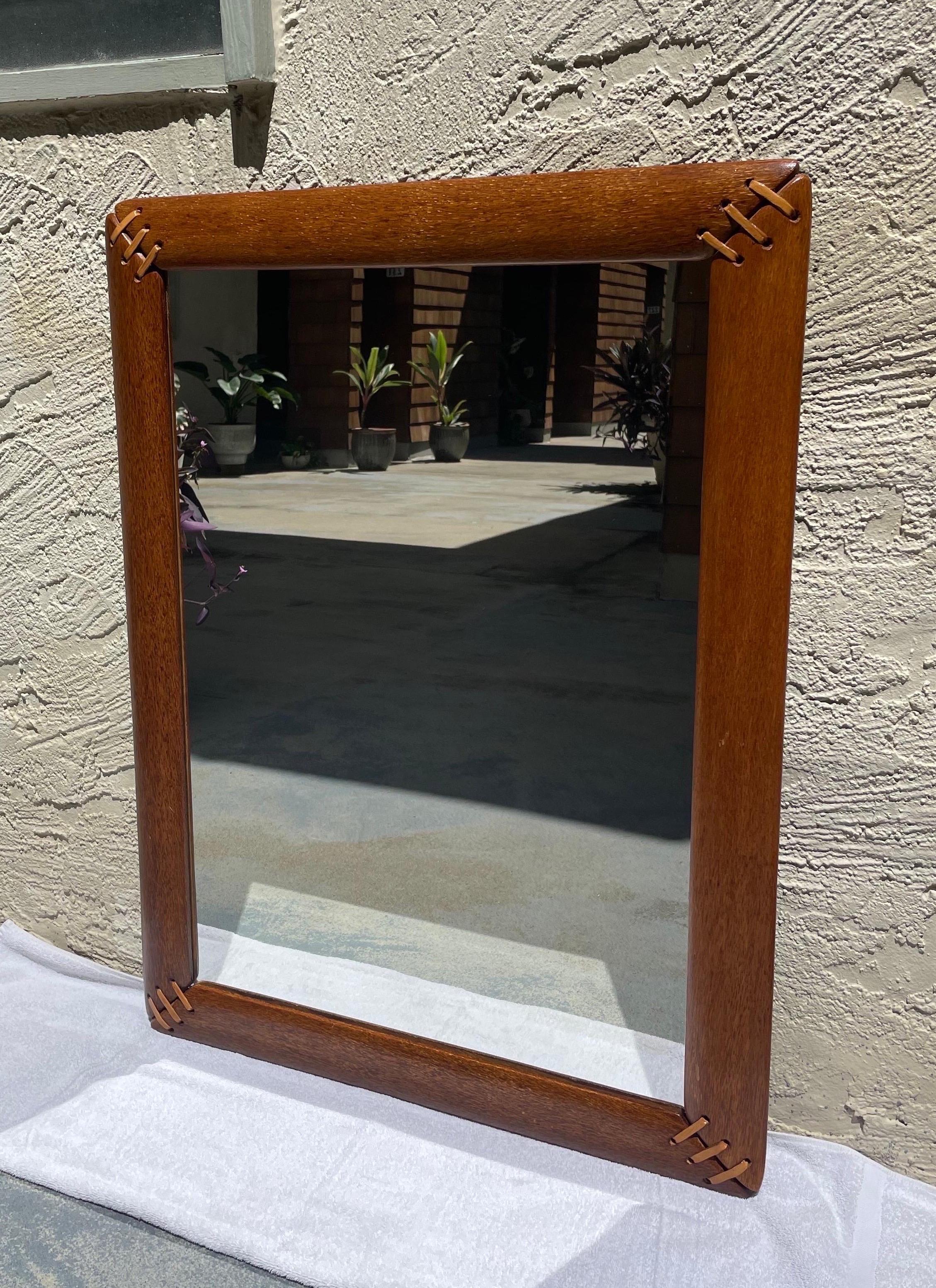Pacific Green Palmwood and Leather Mirror In Good Condition In Audubon, NJ