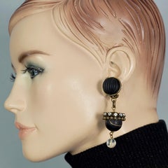Vintage PACO RABANNE Pendientes colgantes de cristal esmerilado negro estilo indio