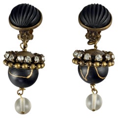 Vintage PACO RABANNE Pendientes colgantes de cristal esmerilado negro estilo indio