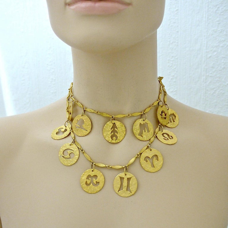 Collier Vintage Signé GEORGES DESRUE Pour PACO RABANNE - Breloque Astrologie Zodiaque - Doré - Occasion
