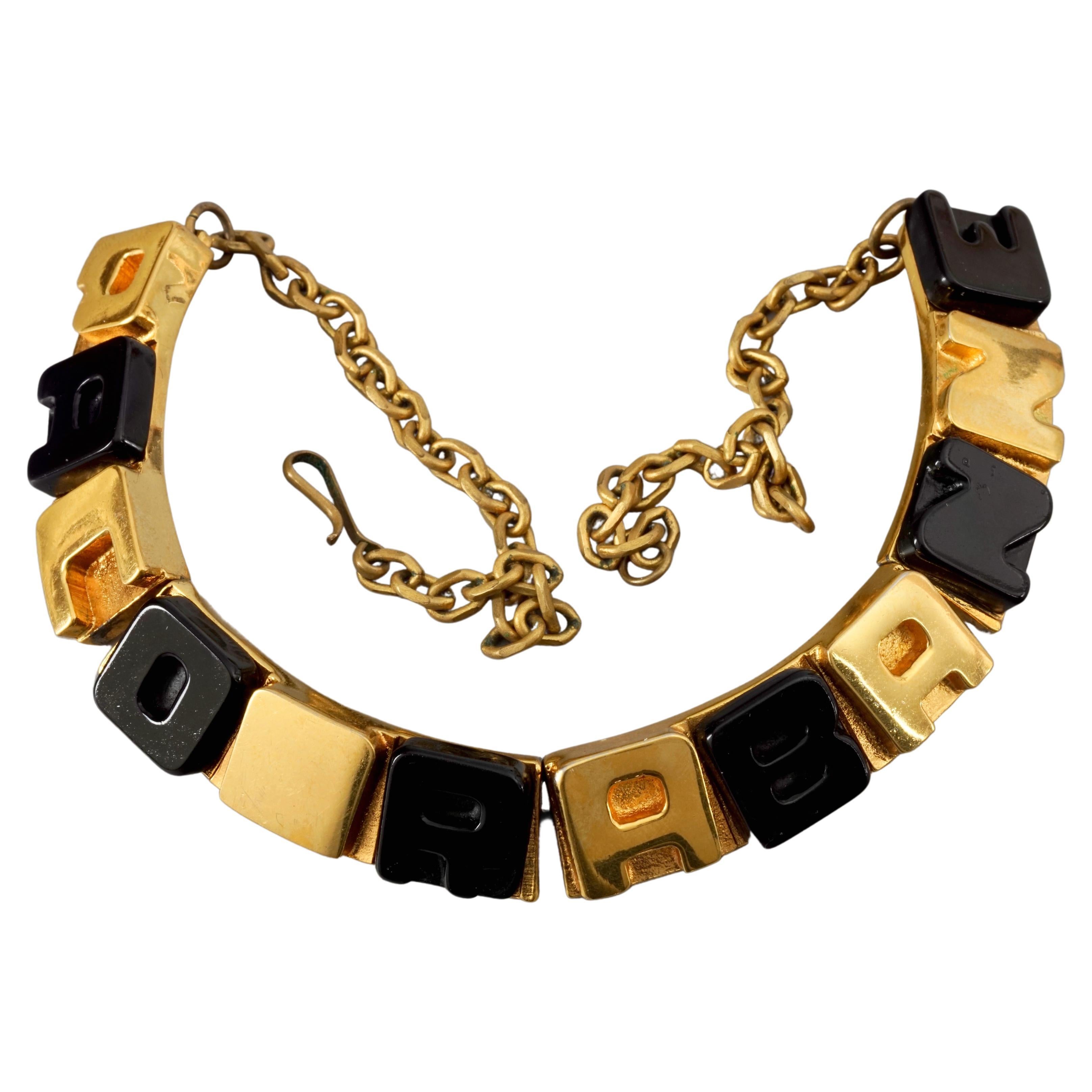Vintage PACO RABANNE Gold Black Cube Letter Necklace For Sale