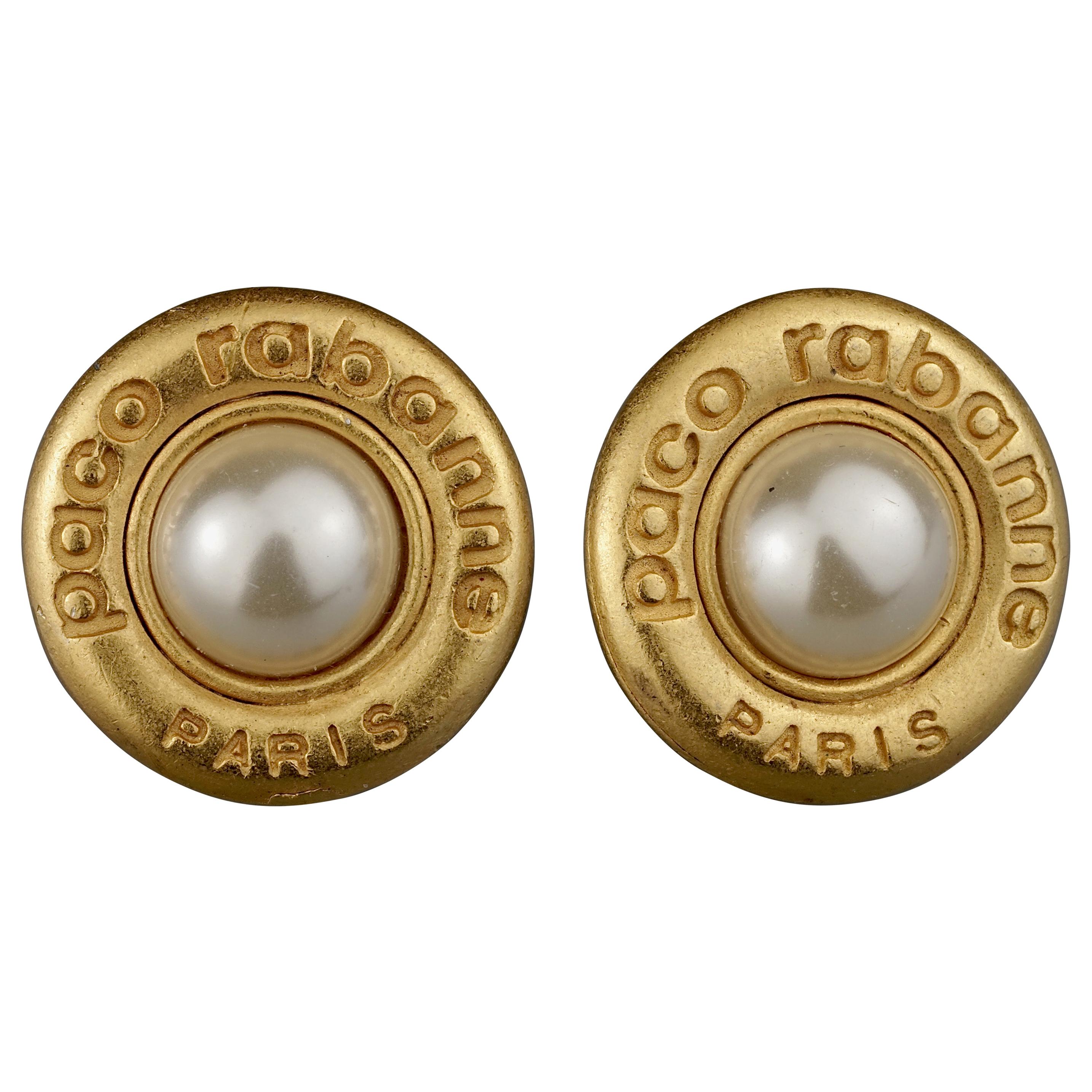 Vintage PACO RABANNE Logo Pearl Earrings For Sale at 1stDibs
