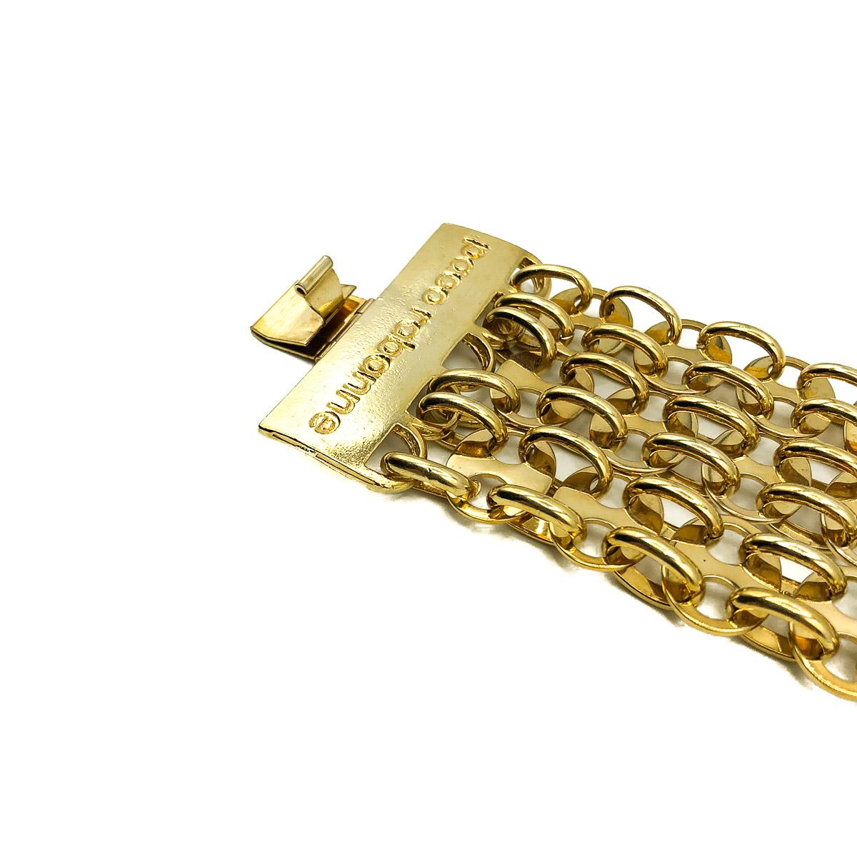 Vintage Paco Rabanne Sculptural Gold Chain Logo Cuff Bracelet 1970s In Good Condition For Sale In Wilmslow, GB