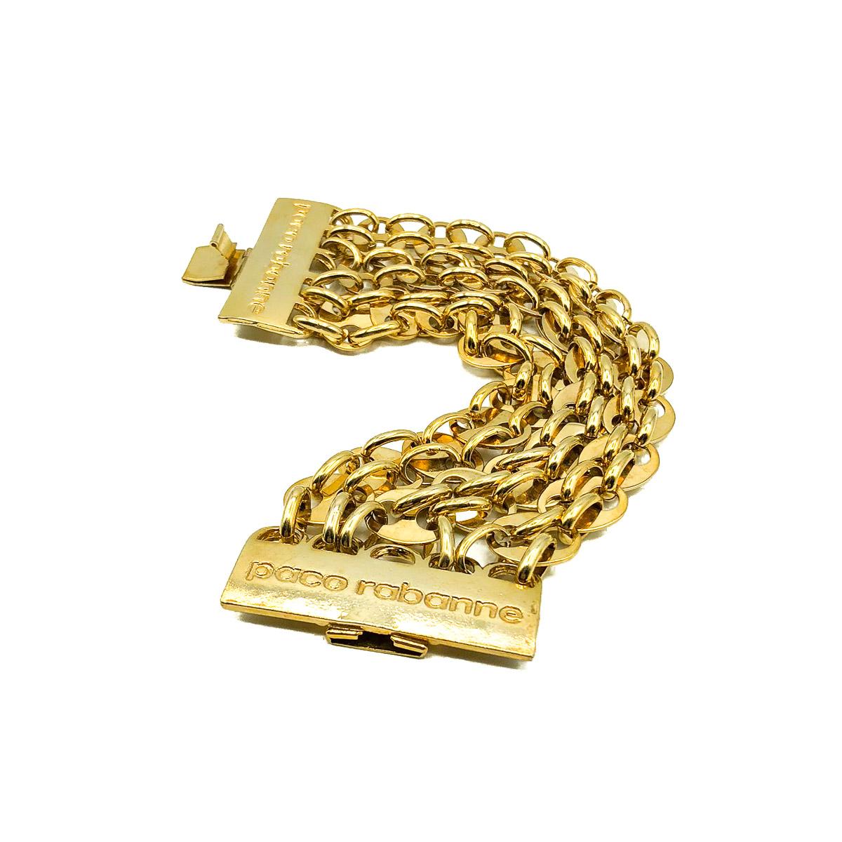 Vintage Paco Rabanne Sculptural Gold Chain Logo Cuff Bracelet 1970s For Sale 1