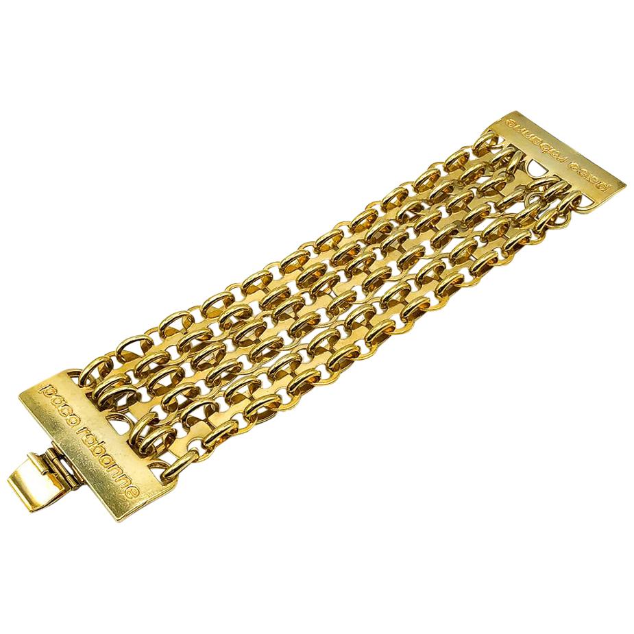 Vintage Paco Rabanne Sculptural Gold Chain Logo Cuff Bracelet 1970s