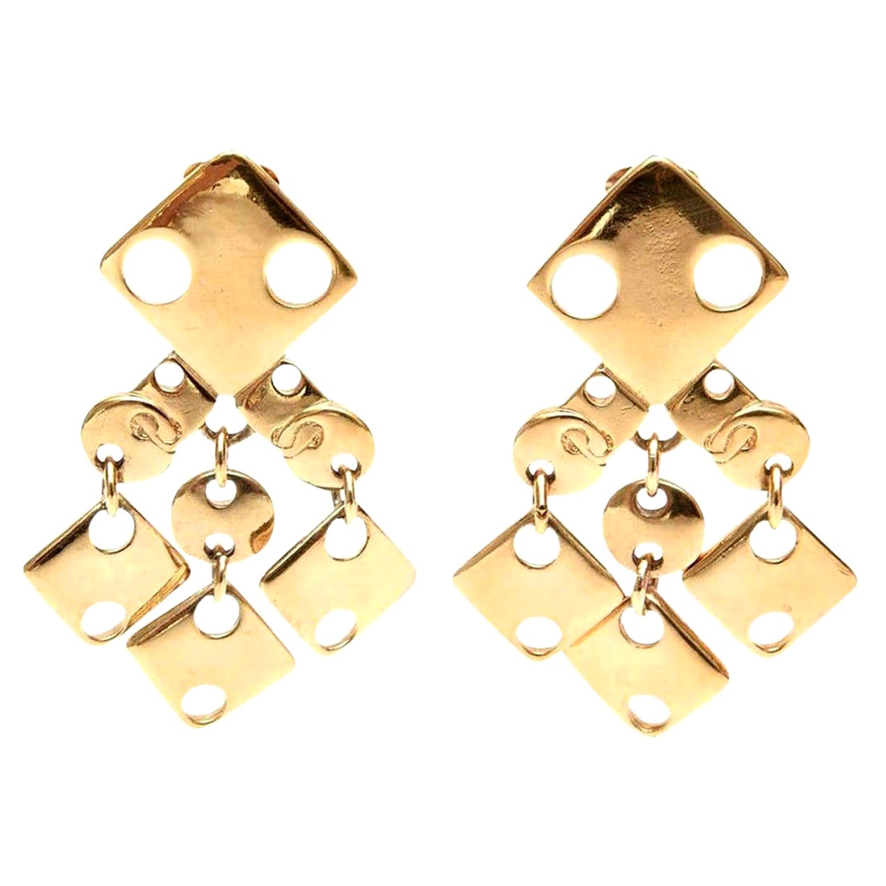 Pendientes colgantes vintage de Paco Rabanne de los años 60, de latón modernista chapado en oro con diseño geométrico