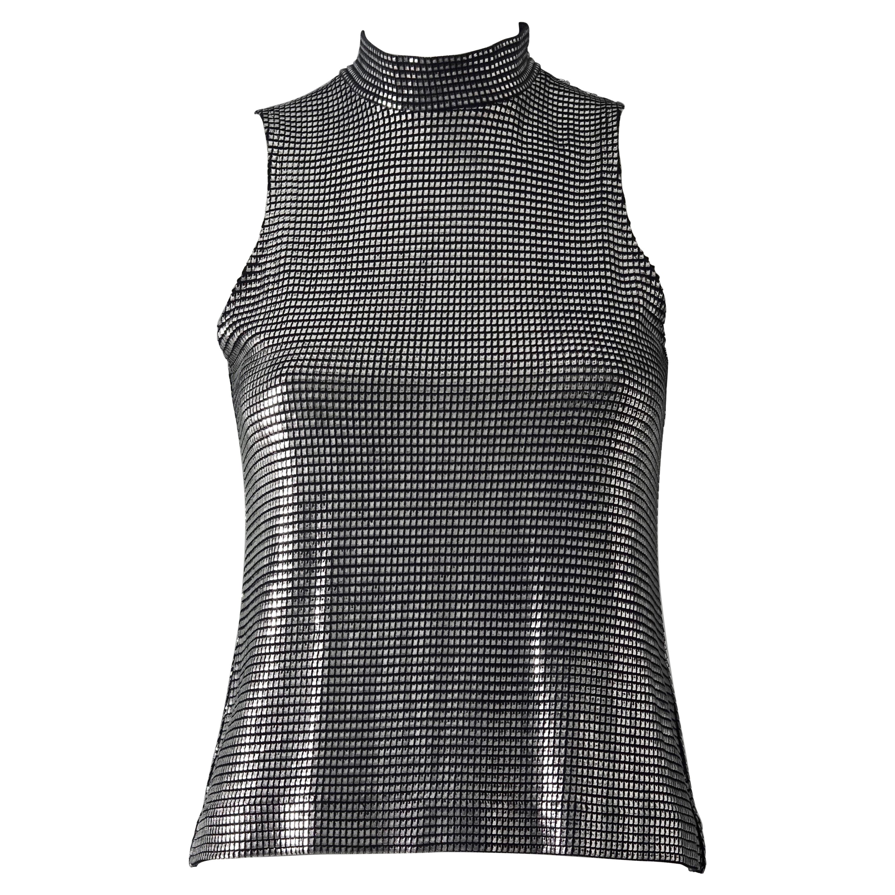 Vintage PACO RABANNE Blusa sin mangas de malla plateada