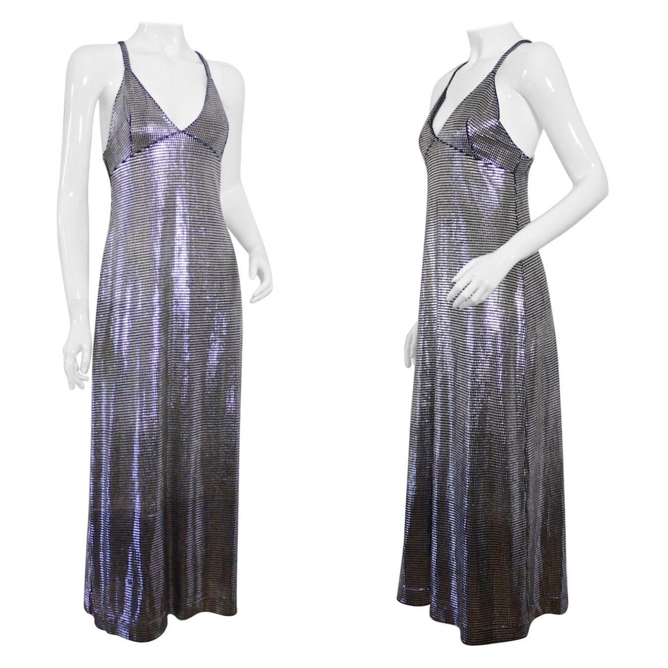 Vintage PACO RABANNE Silver Metallic Mesh Grid Long Dress