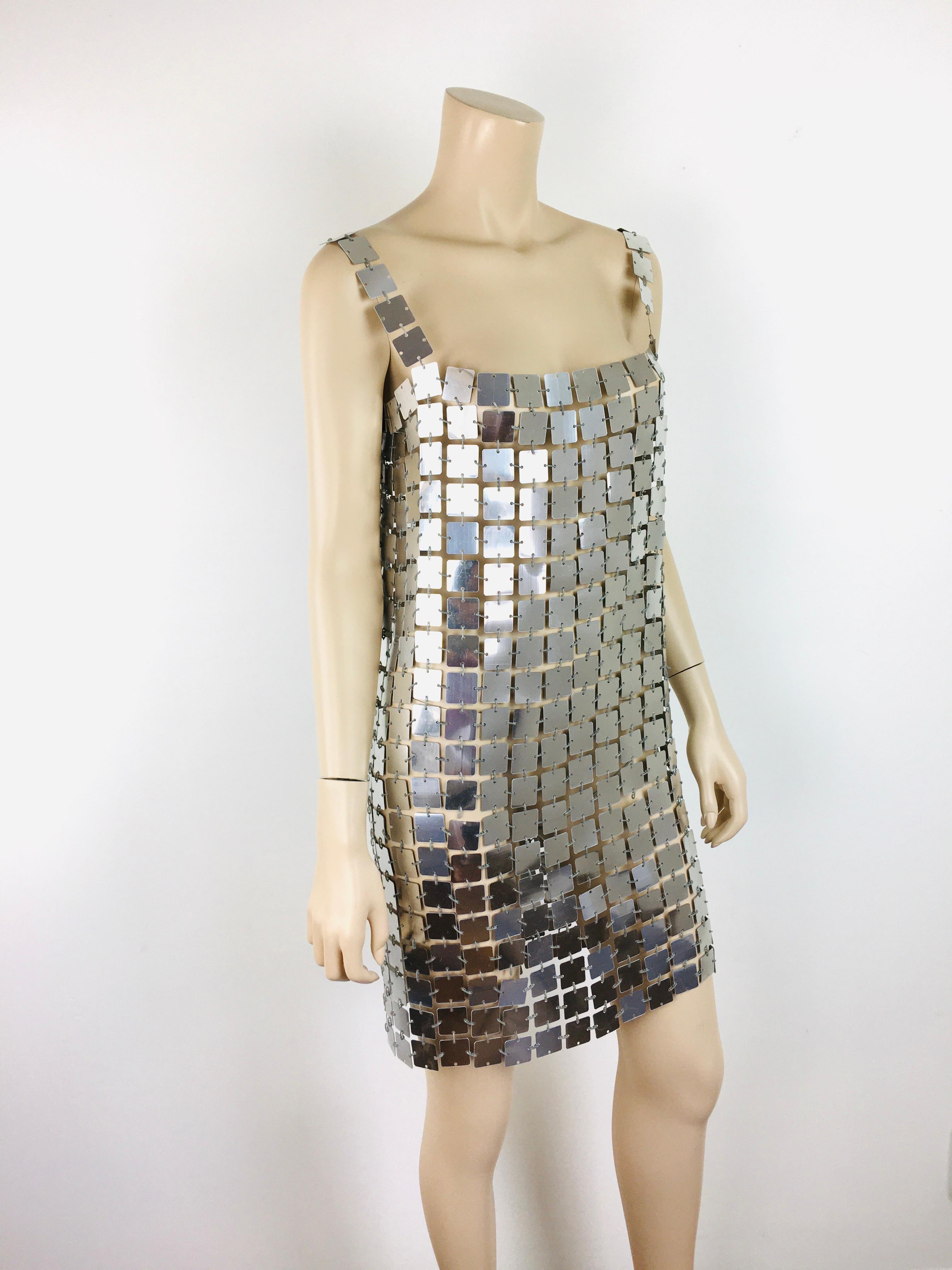 Vintage Paco Rabanne Style Space Curtain Aluminum Disc Mini Dress In Good Condition In Las Vegas, NV