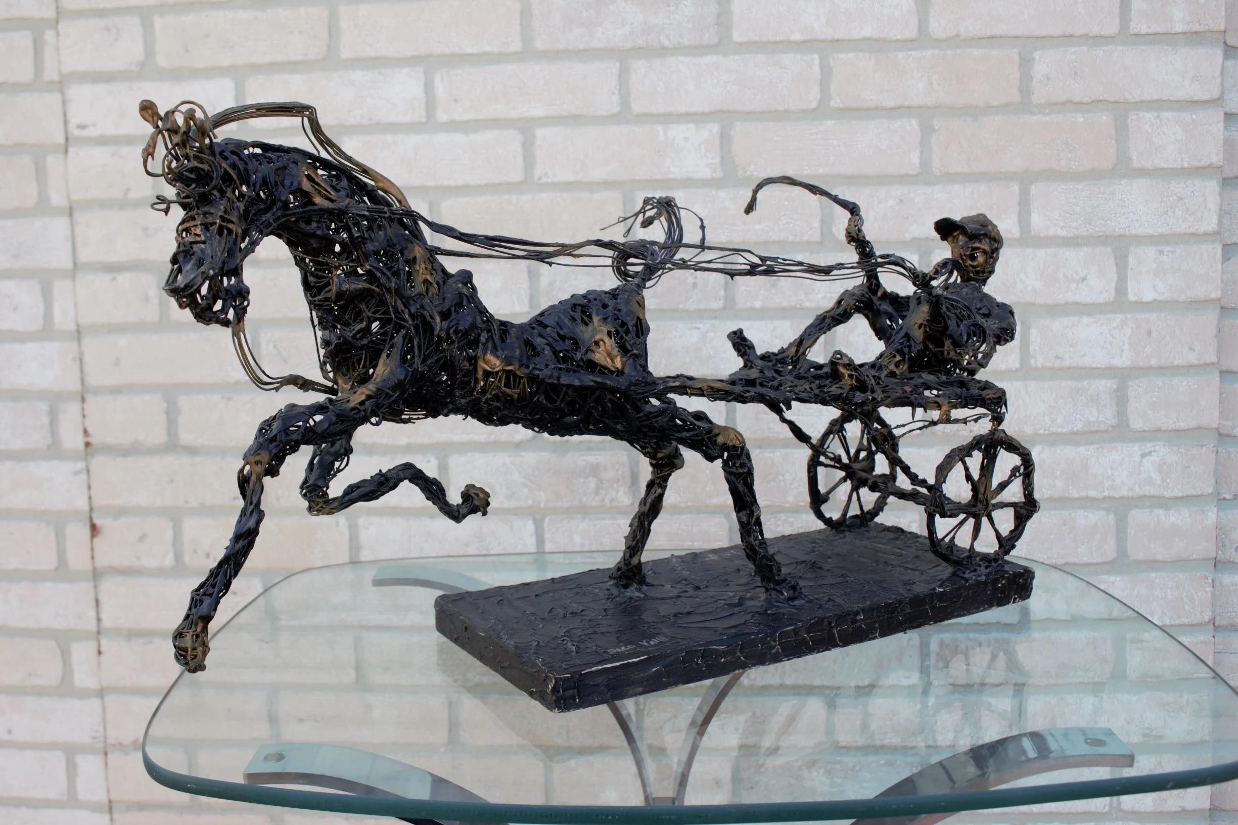 Escultura Brutalista Vintage Paco Valle Caballo y Jinete, Firmada Metal en venta