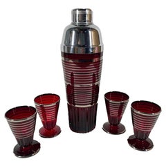 Vintage Paden City "Glades" Cocktail Shaker Set in Ruby with Silver Bands