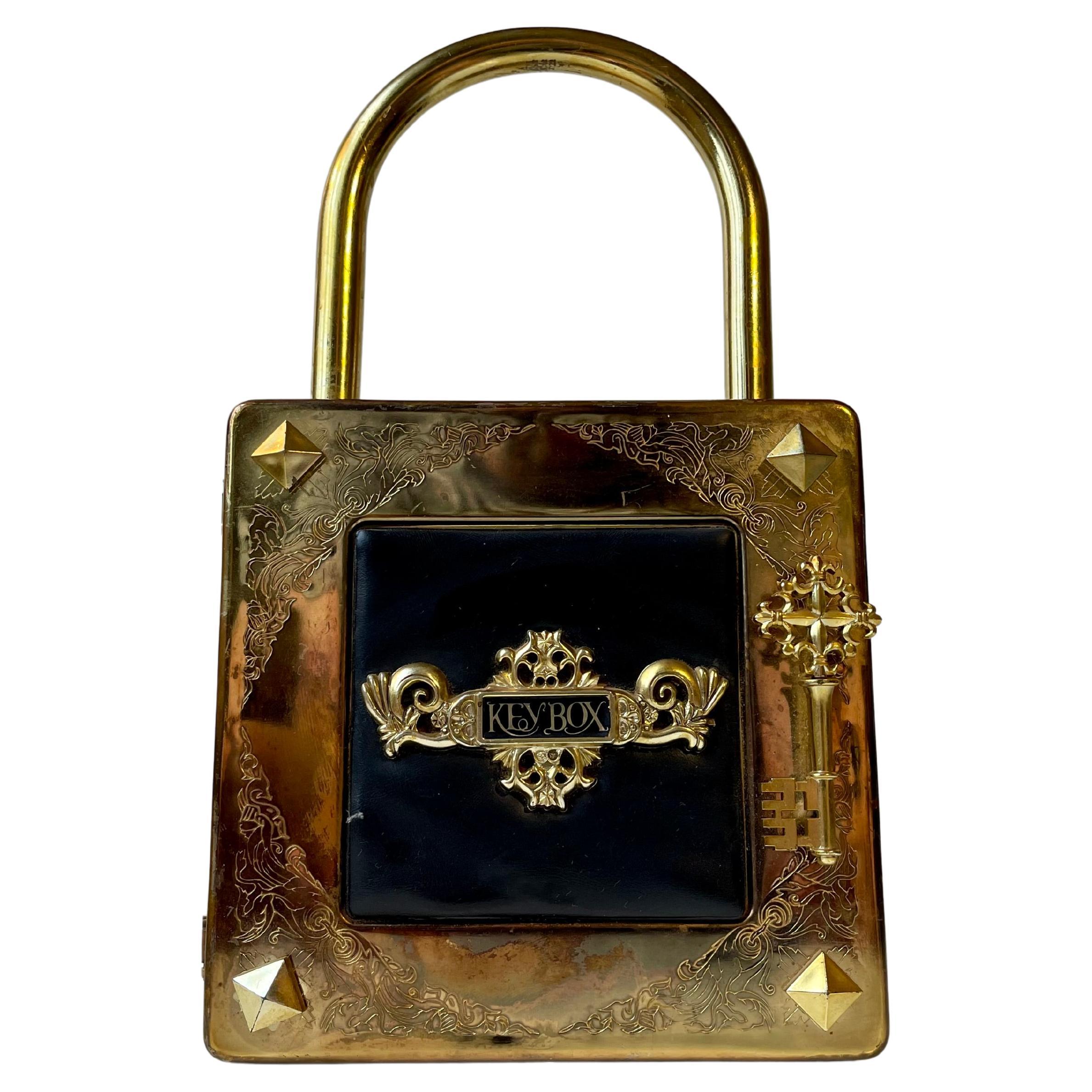 Vintage Padlock Key Box in Patinated Brass, Japan 1980s For Sale 1