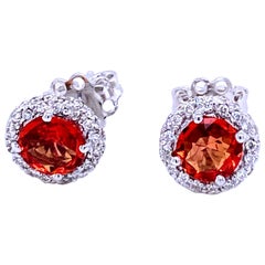 Vintage Padparadscha Sapphire Diamond Gold Cluster Stud Earrings