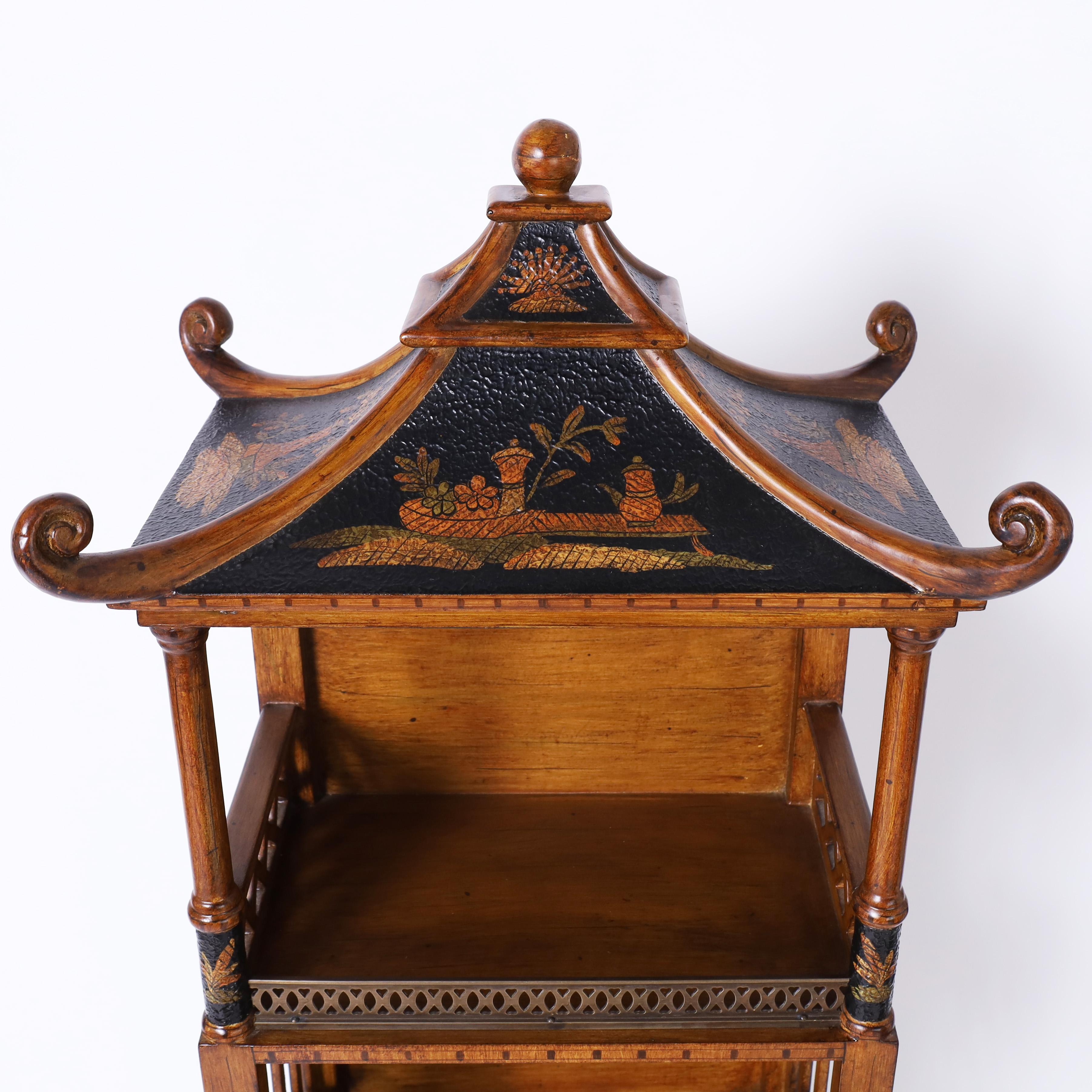 Hand-Painted Vintage Pagoda Chinese Chippendale Etagere with Chinoiserie  For Sale