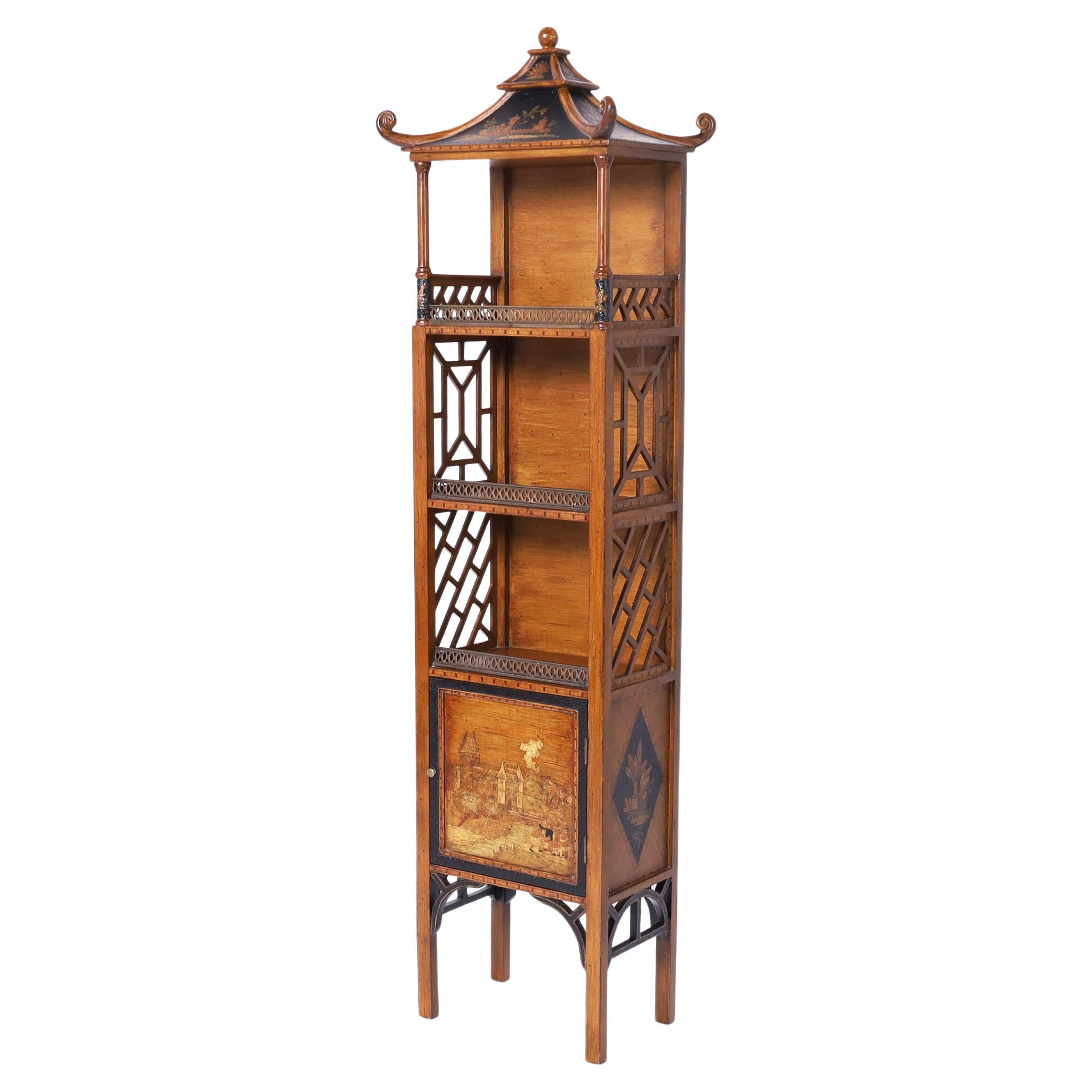 Vintage Pagoda Chinese Chippendale Etagere with Chinoiserie  For Sale