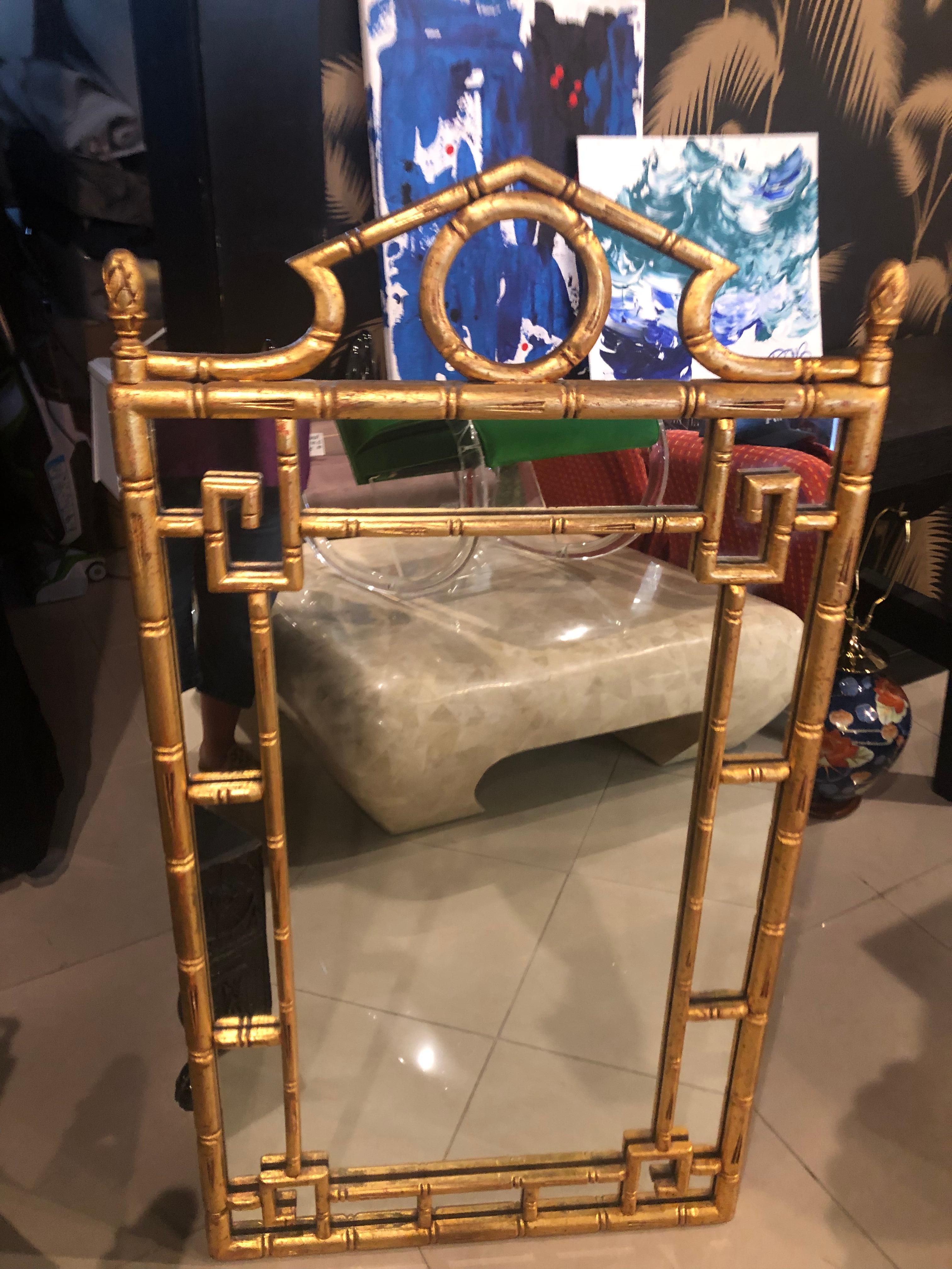 Vintage Pagoda Faux Bamboo Greek Key Gold Wall Mirror In Good Condition In West Palm Beach, FL