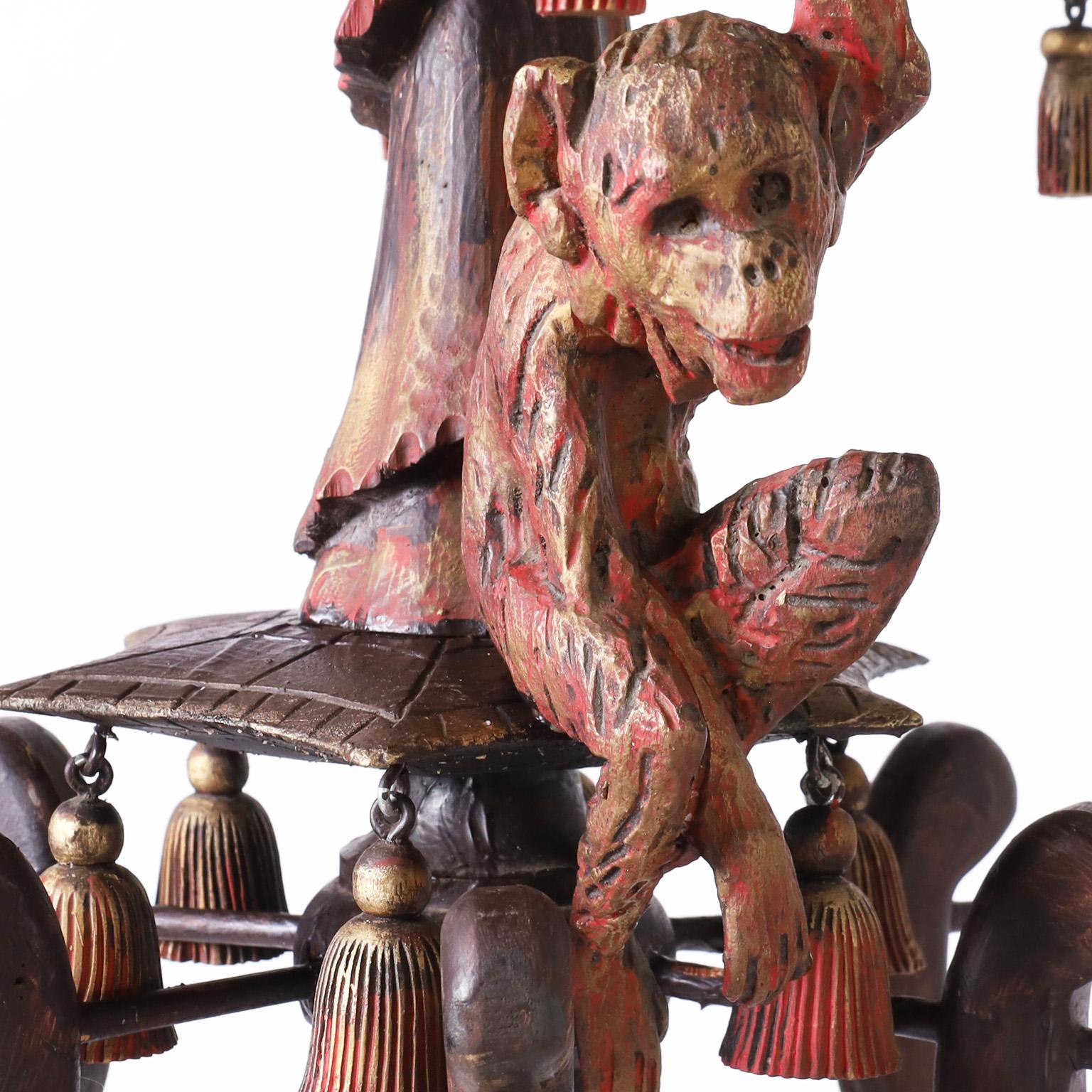 Italian Vintage Pagoda Form Chandelier with Monkey For Sale