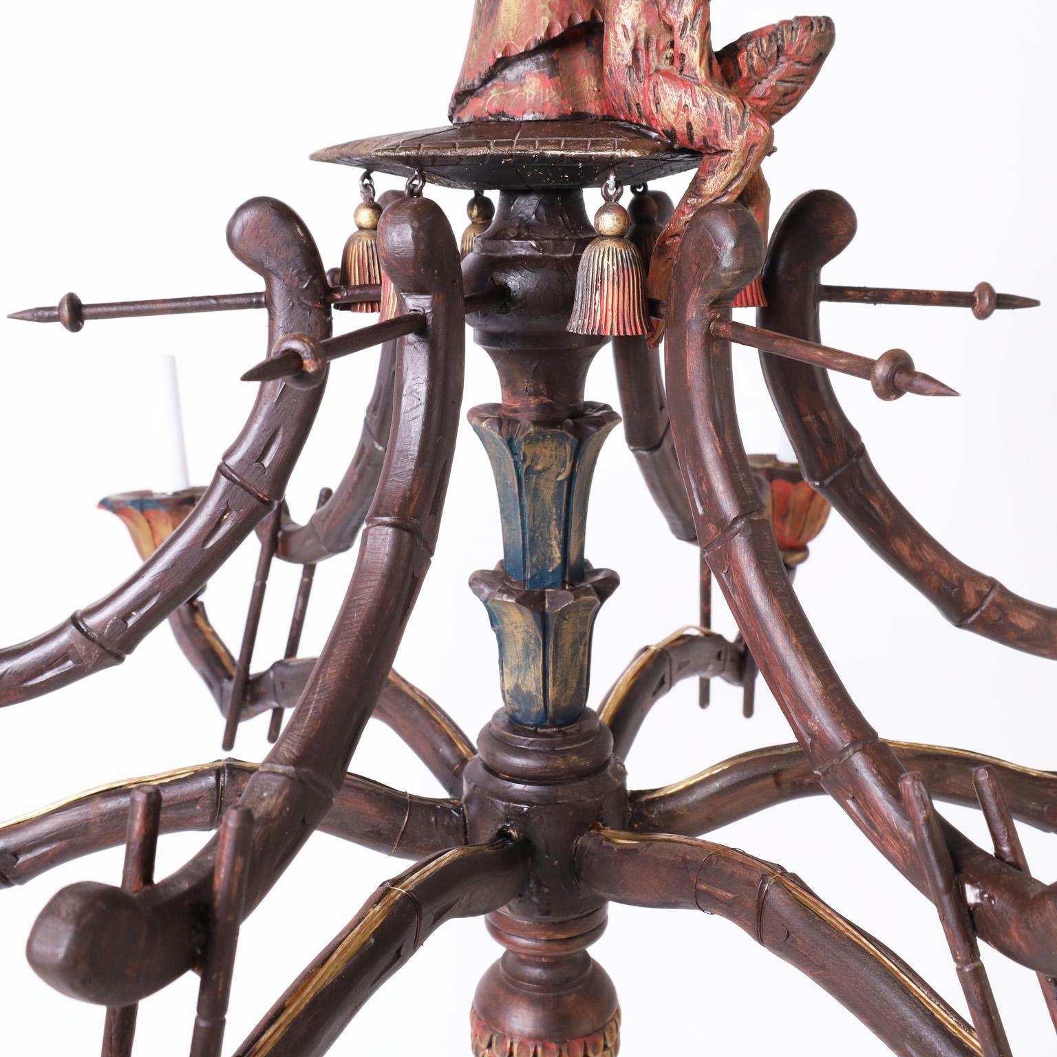 Carved Vintage Pagoda Form Chandelier with Monkey For Sale