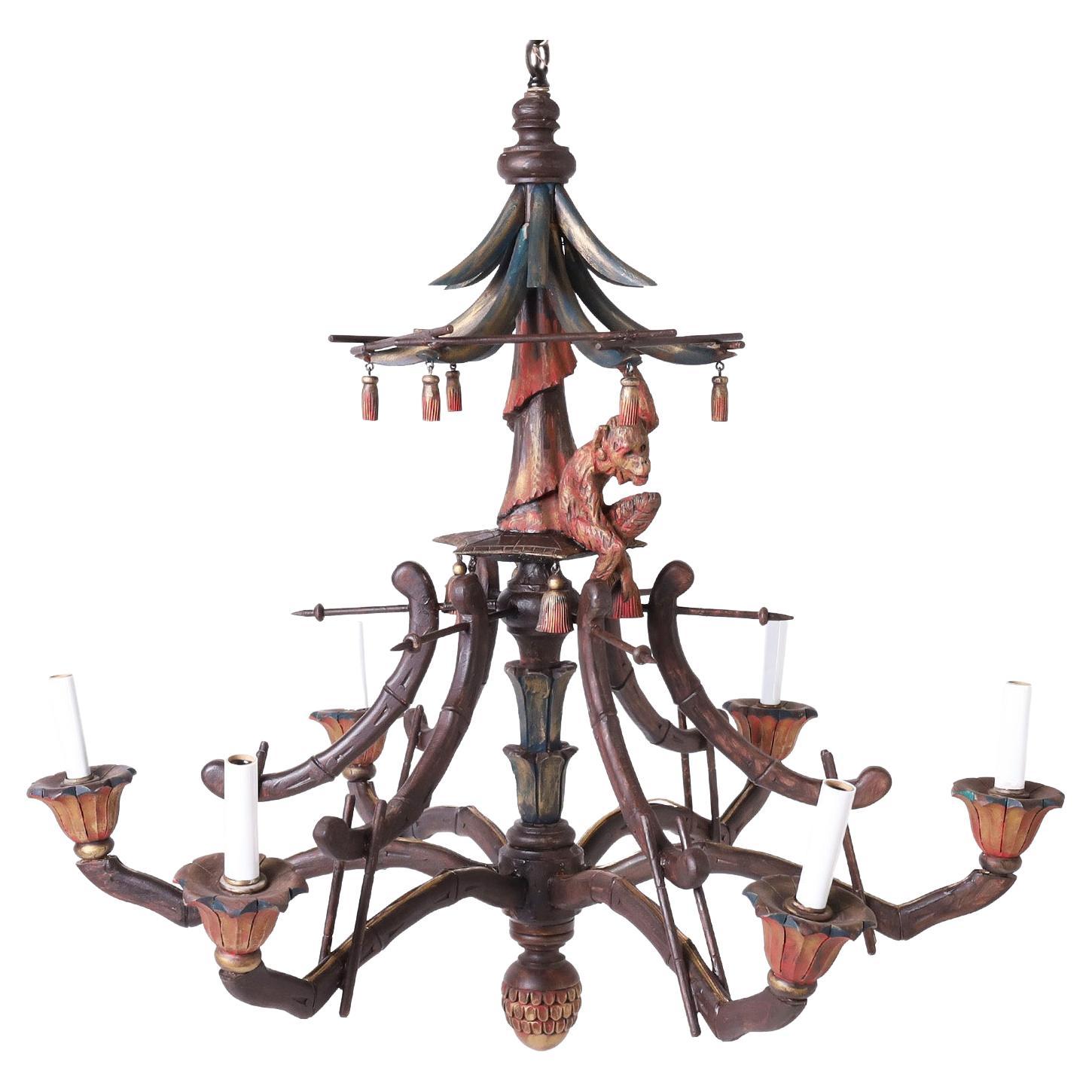 Vintage Pagoda Form Chandelier with Monkey For Sale