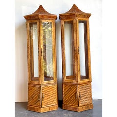 Vintage Pagoda Split Rattan Tall Cabinets - A Pair