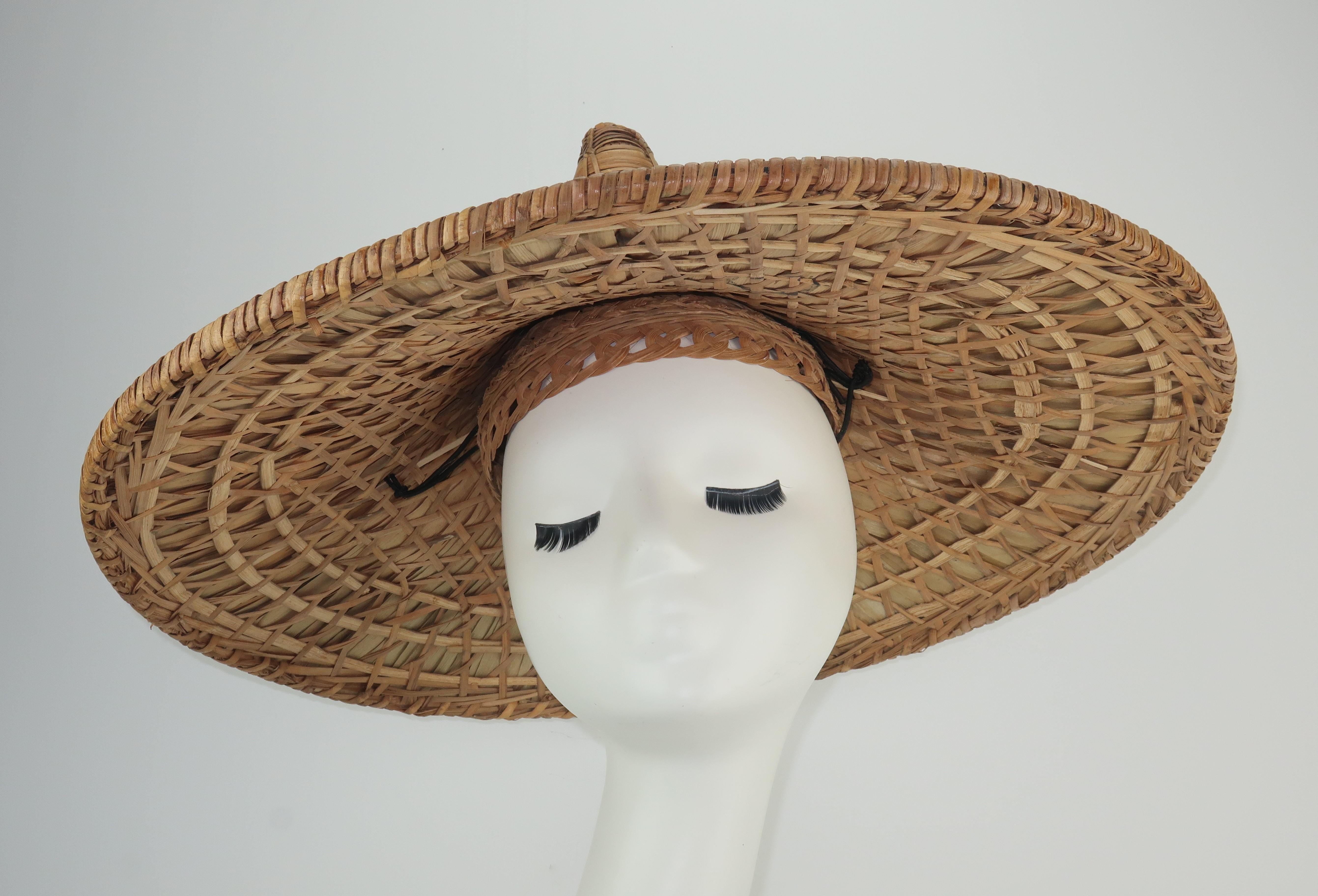 Brown Vintage Pagoda Straw Wide Brim Beach Hat