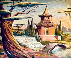 Vintage Paint-by-Numbers "Mountain Pagoda" in Decorative Original Frame, 1950's