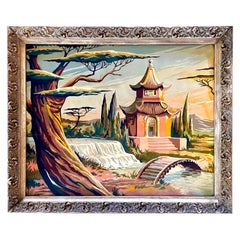 Vintage Paint-by-Numbers "Mountain Pagoda" in Decorative Original Frame, 1950's