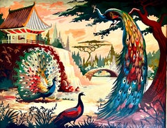 Vintage Paint-by-Numbers "Peacocks and Pagoda" in Decorative Frame, 1950's