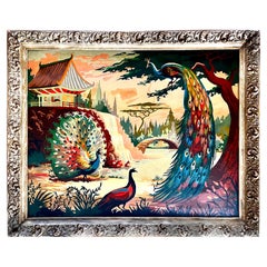 Vintage Paint-by-Numbers "Peacocks and Pagoda" in Decorative Frame, 1950's
