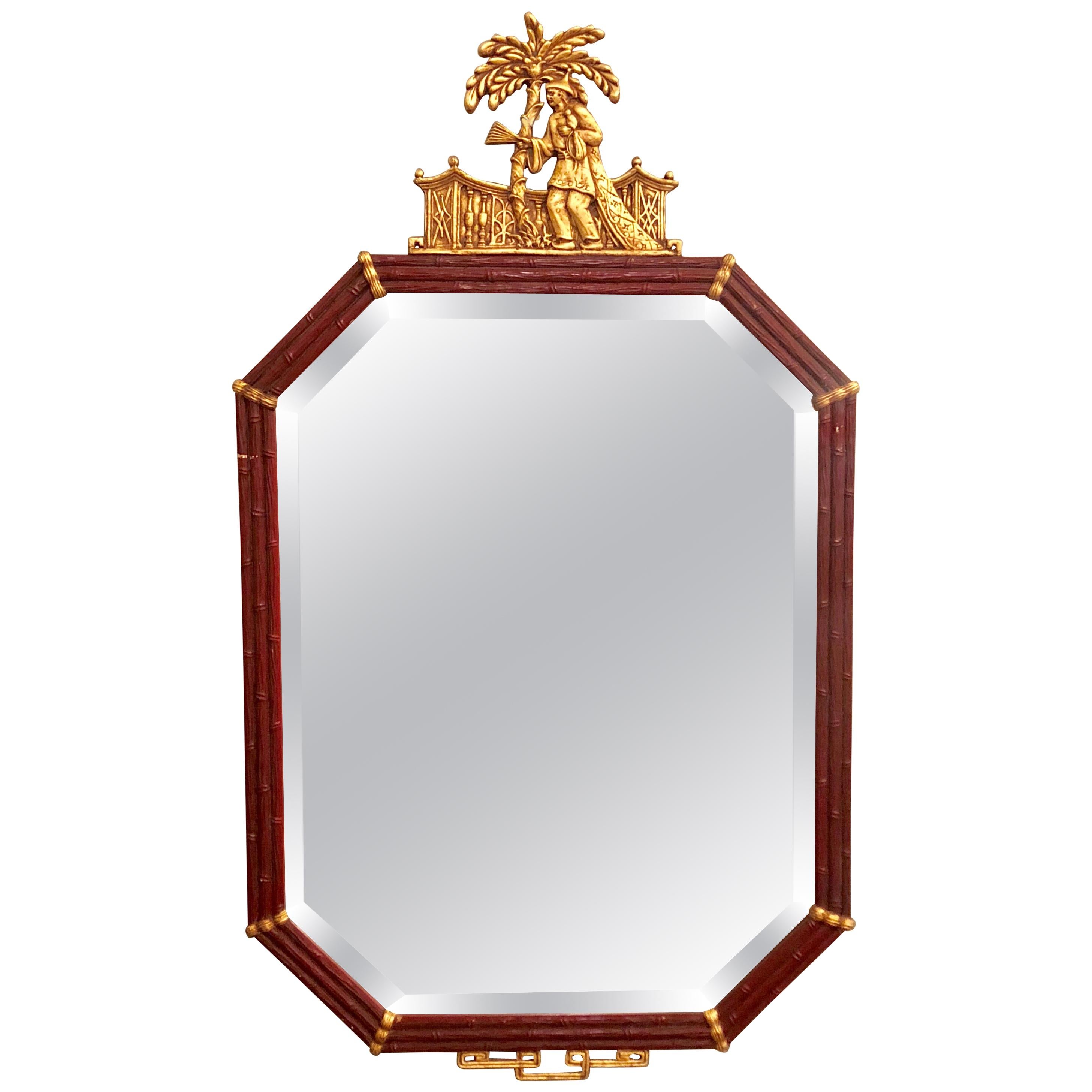 Vintage Paint Decorated Chinoiserie Mirror with Gilt Gold Pagoda Top
