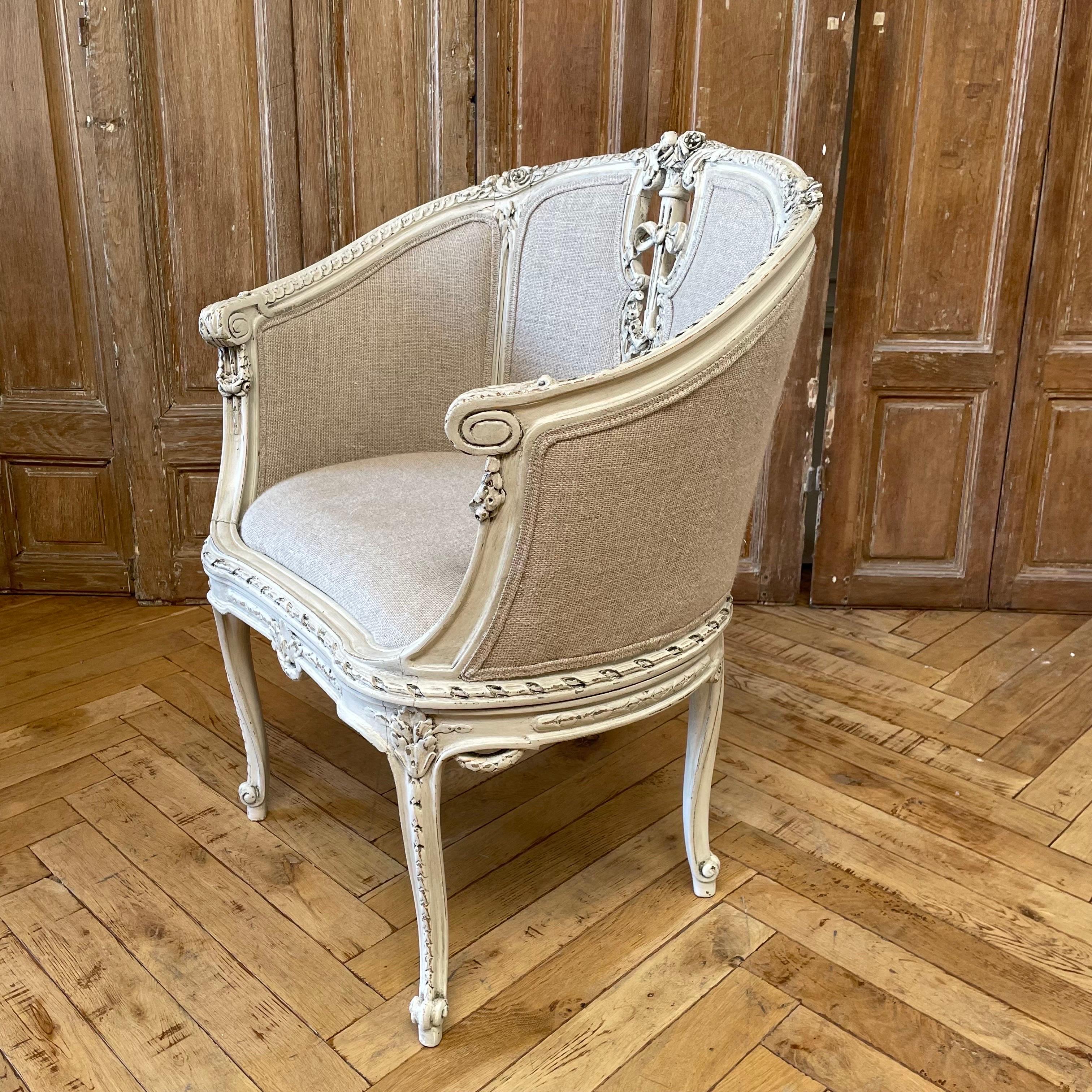 Custom Painted and Upholstered Louis XV style barrel chair.  Finished in our antique oyster white with subtle distressed edges and antique glazed patina.  Upholstered in our Irish Linen / flax color with burlap style weave. 
Solid and sturdy, ready