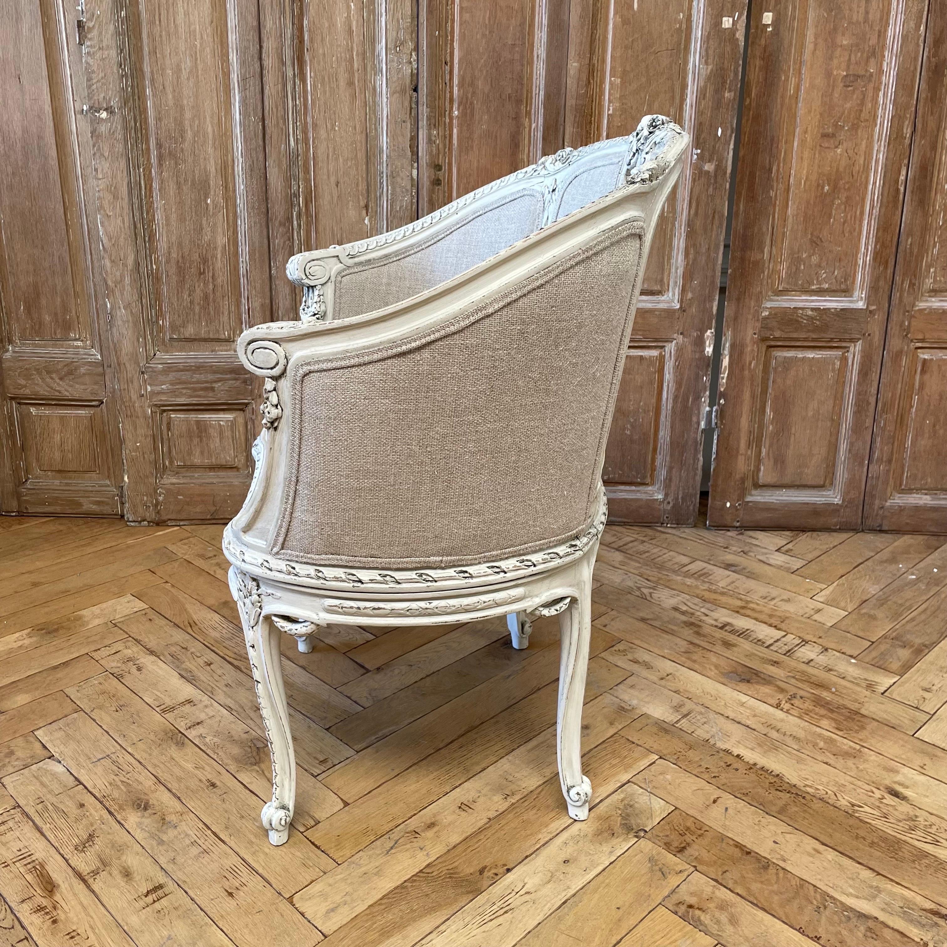Vintage Painted and Upholstered Louis XV Style Barrel Chair In Good Condition In Brea, CA