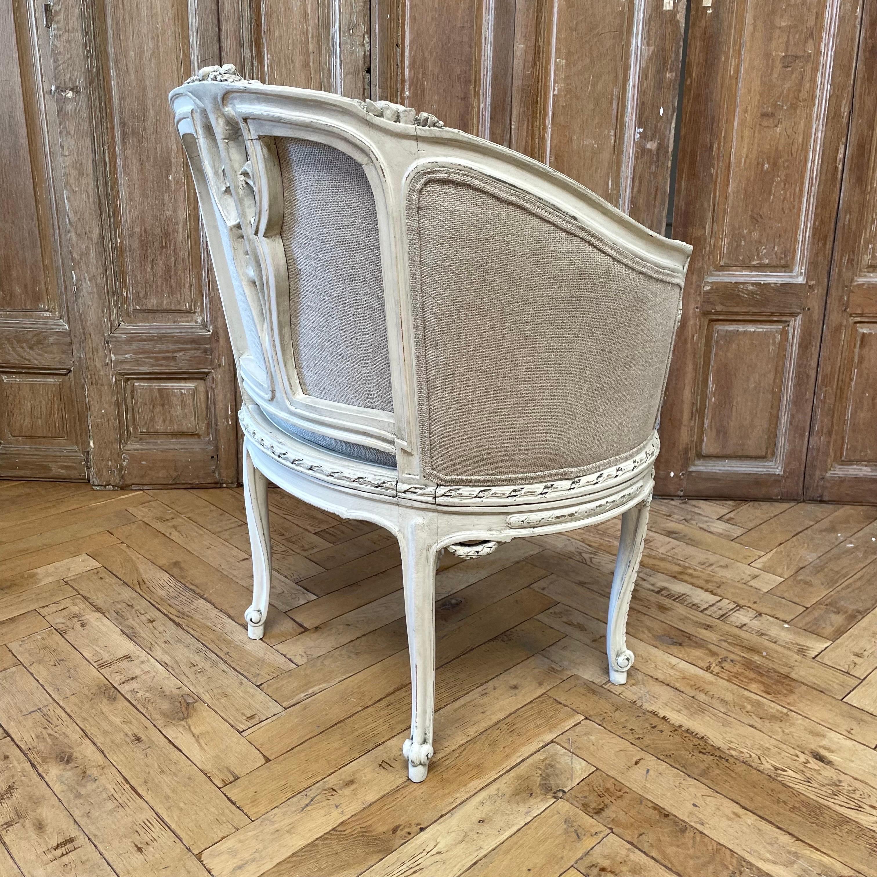 Linen Vintage Painted and Upholstered Louis XV Style Barrel Chair