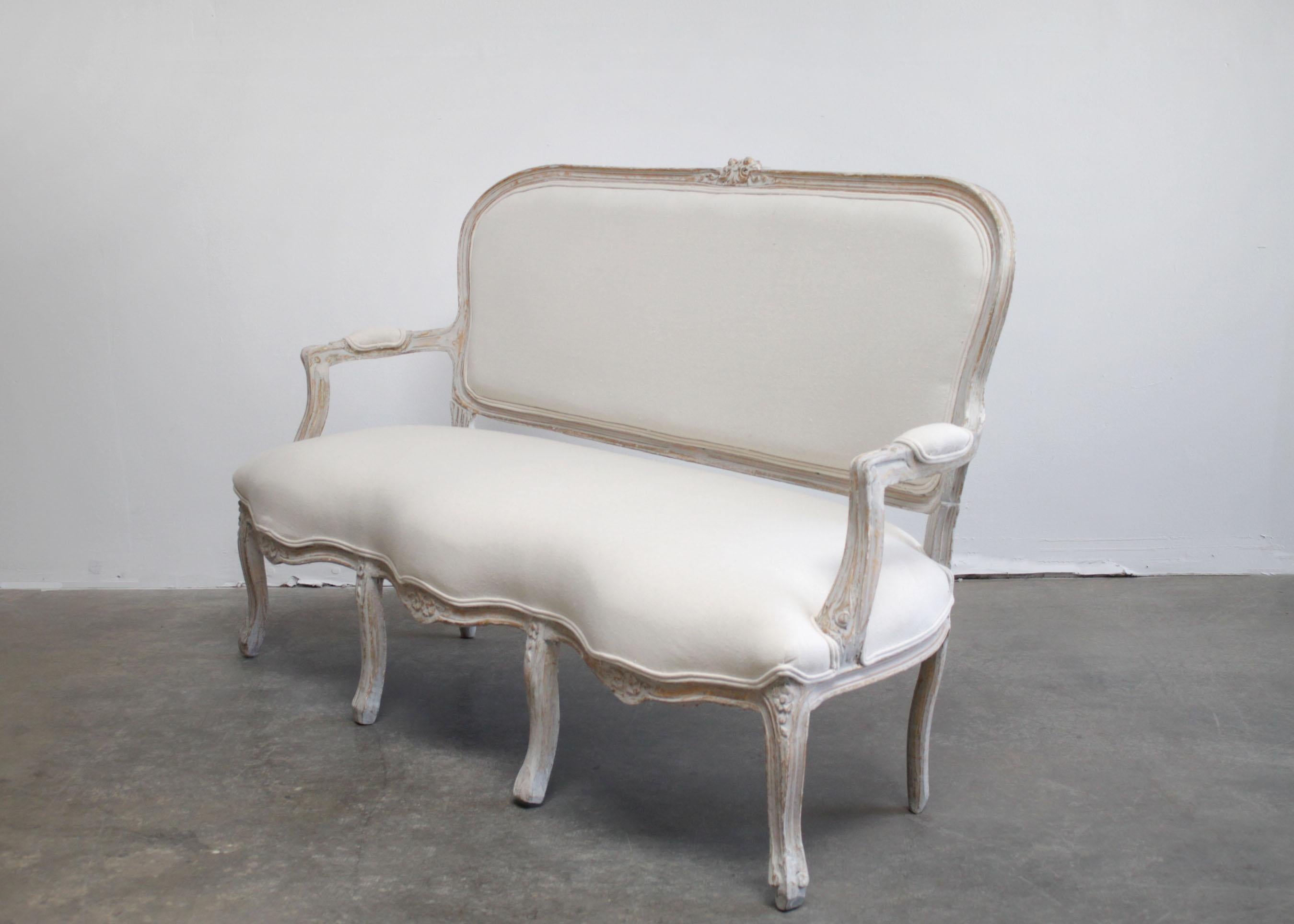 Vintage Painted and Upholstered Louis XV Style Open Arm Sofa Settee In Good Condition In Brea, CA
