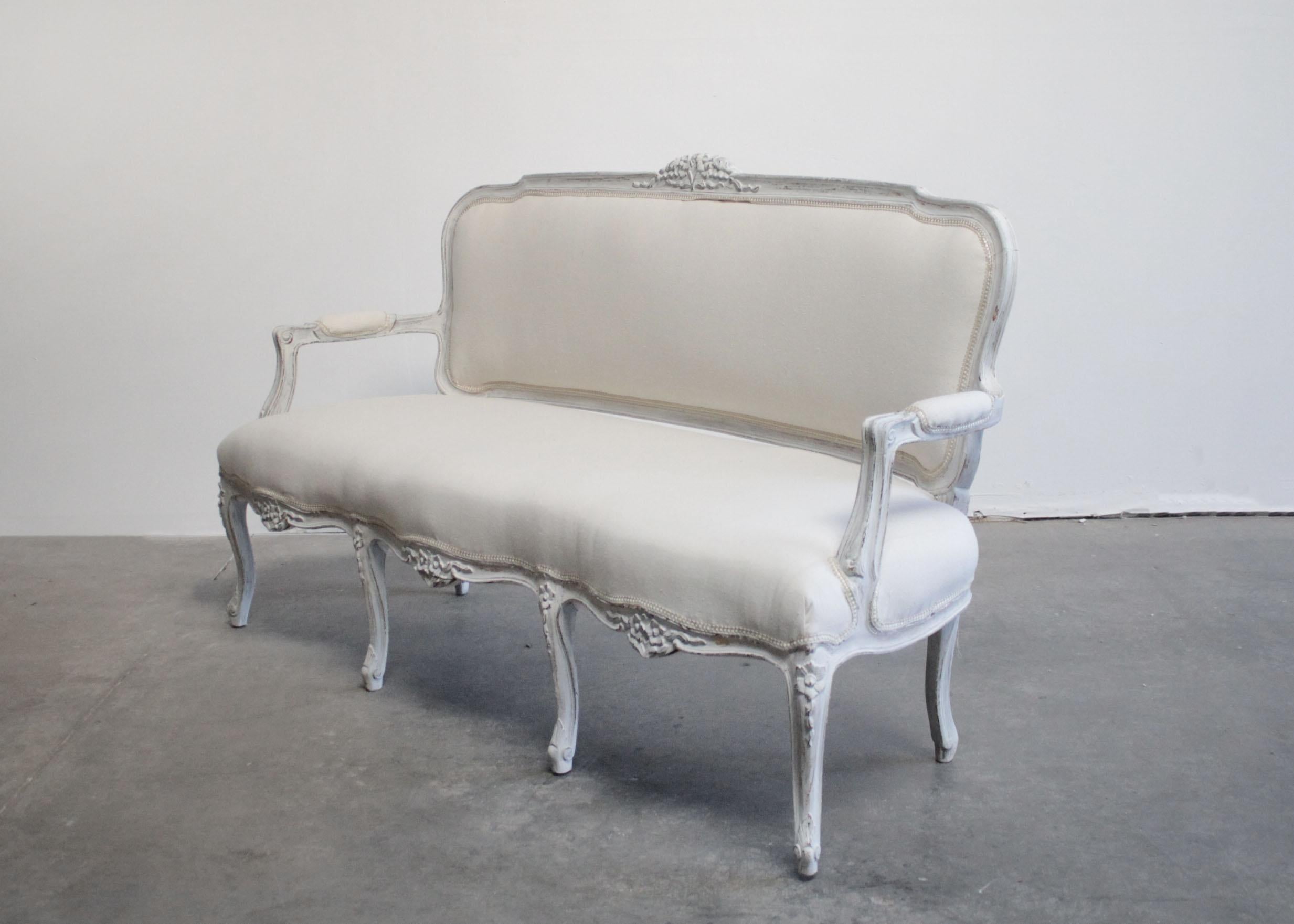 Vintage Painted and Upholstered Louis XV Style Open Arm Sofa Settee In Good Condition In Brea, CA
