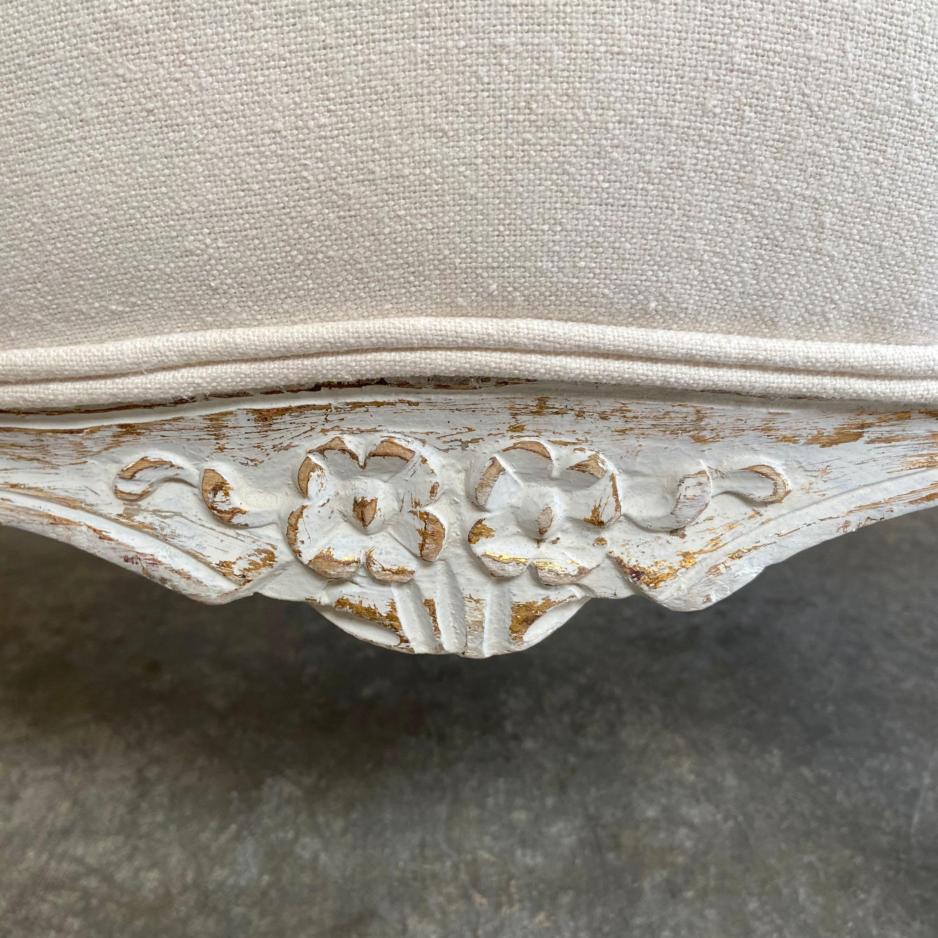 Vintage Painted and Upholstered Louis XV Style Open Arm Sofa Settee In Good Condition In Old Town Orange, CA
