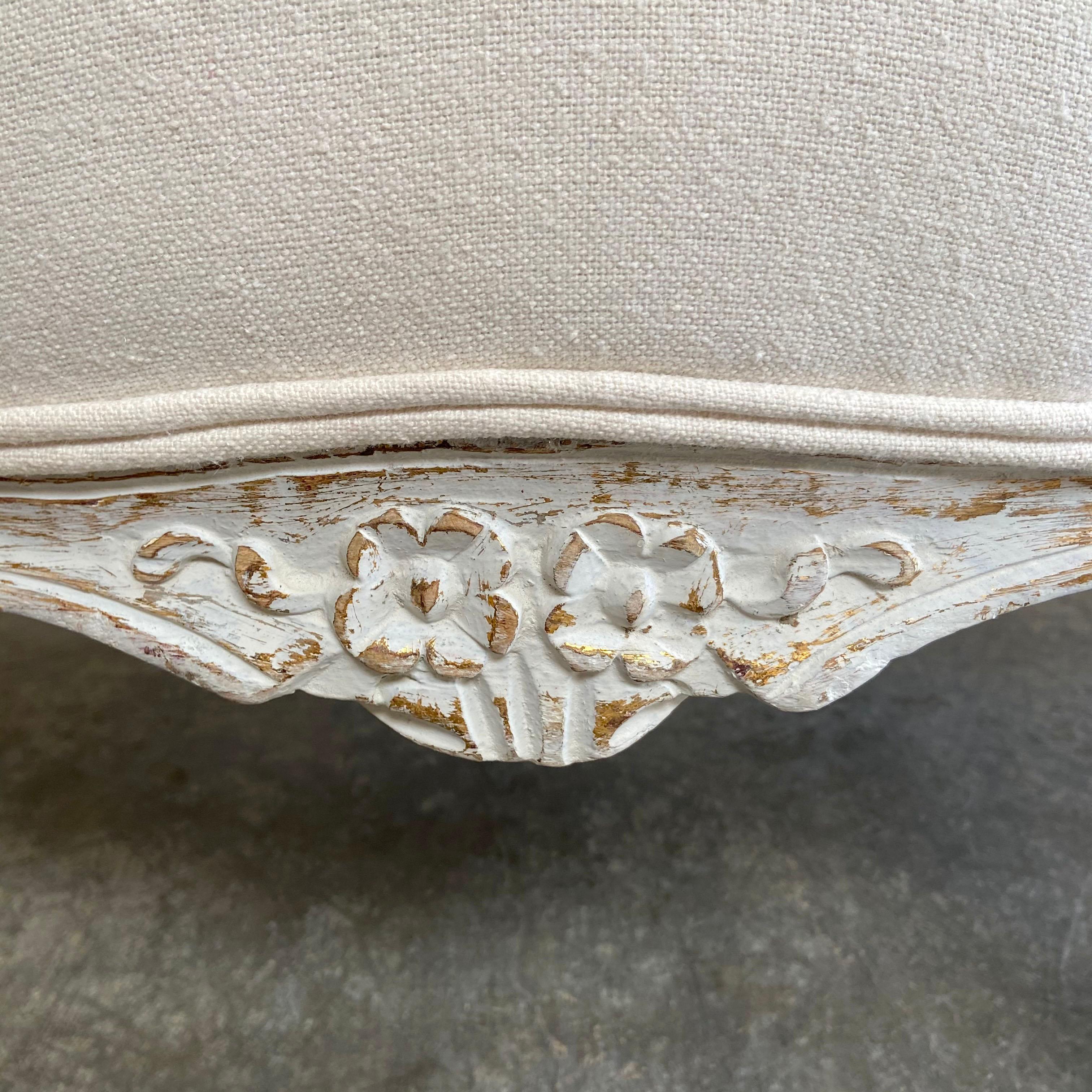 Vintage Painted and Upholstered Louis XV Style Open Arm Sofa Settee In Good Condition In Brea, CA