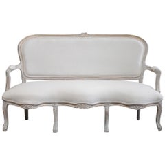 Vintage Painted and Upholstered Louis XV Style Open Arm Sofa Settee