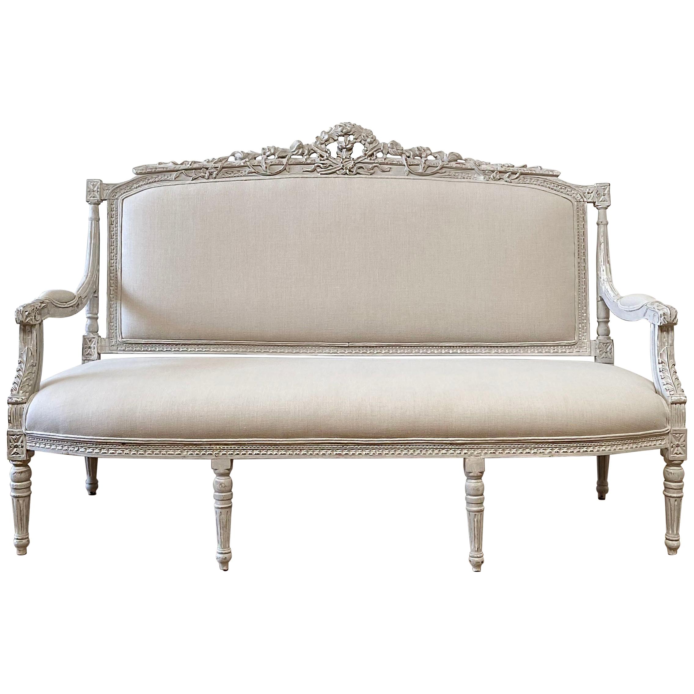 Vintage Painted and Upholstered Louis XV Style Open Arm Sofa Settee