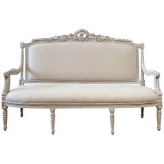Vintage Painted and Upholstered Louis XV Style Open Arm Sofa Settee