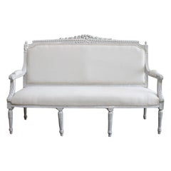 Vintage Painted and Upholstered Louis XVI Style Open Arm Settee