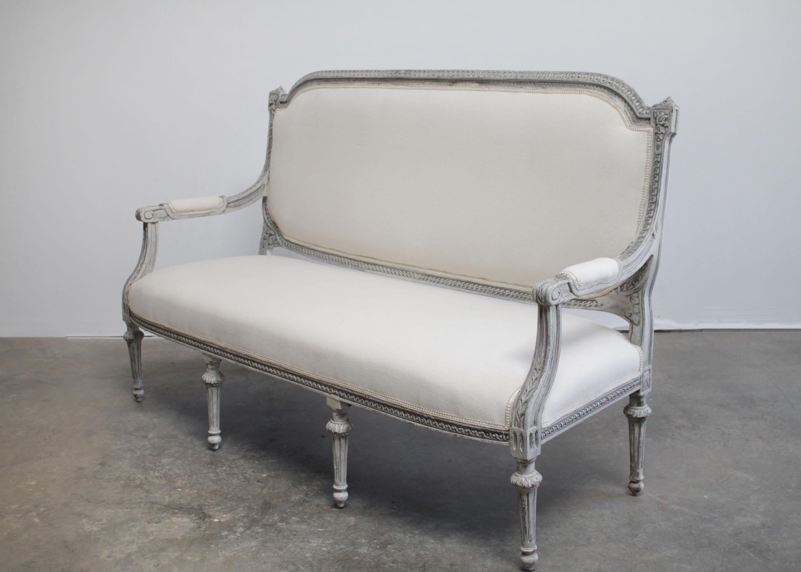 Vintage Painted and Upholstered Louis XVI Style Open Arm Sofa Settee In Good Condition In Brea, CA