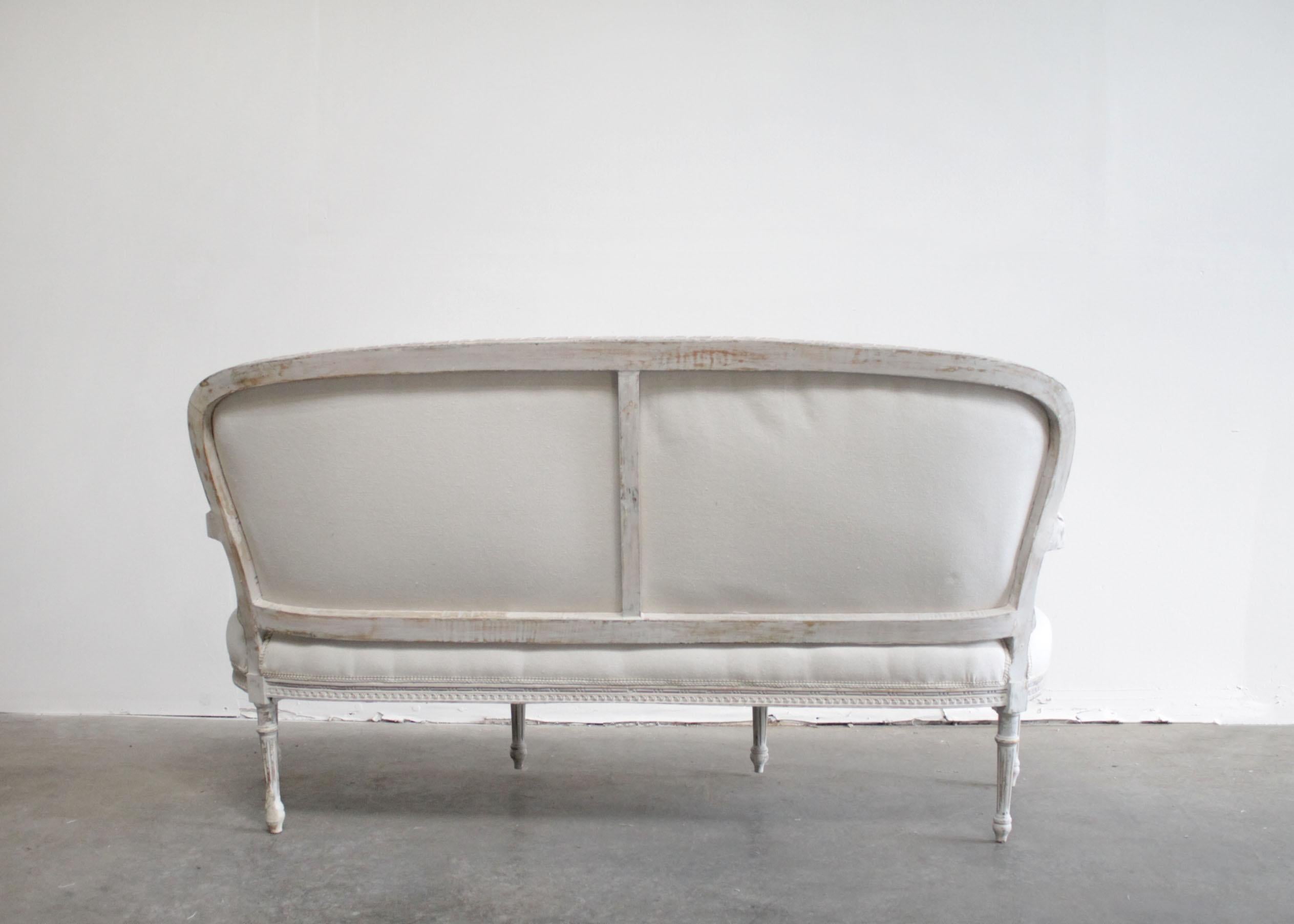 Vintage Painted and Upholstered Louis XVI Style Open Arm Sofa Settee In Good Condition In Brea, CA