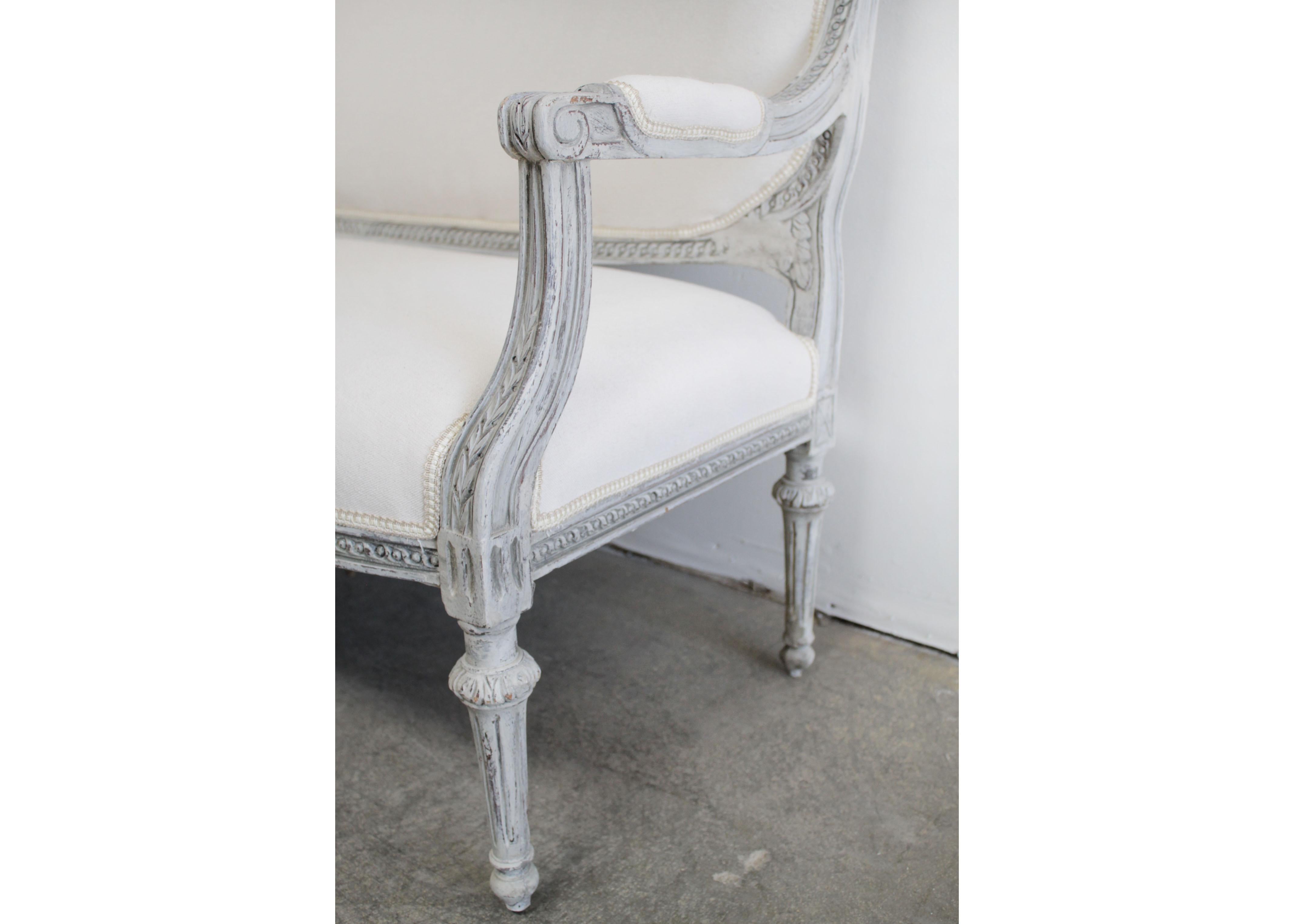 Vintage Painted and Upholstered Louis XVI Style Open Arm Sofa Settee 2