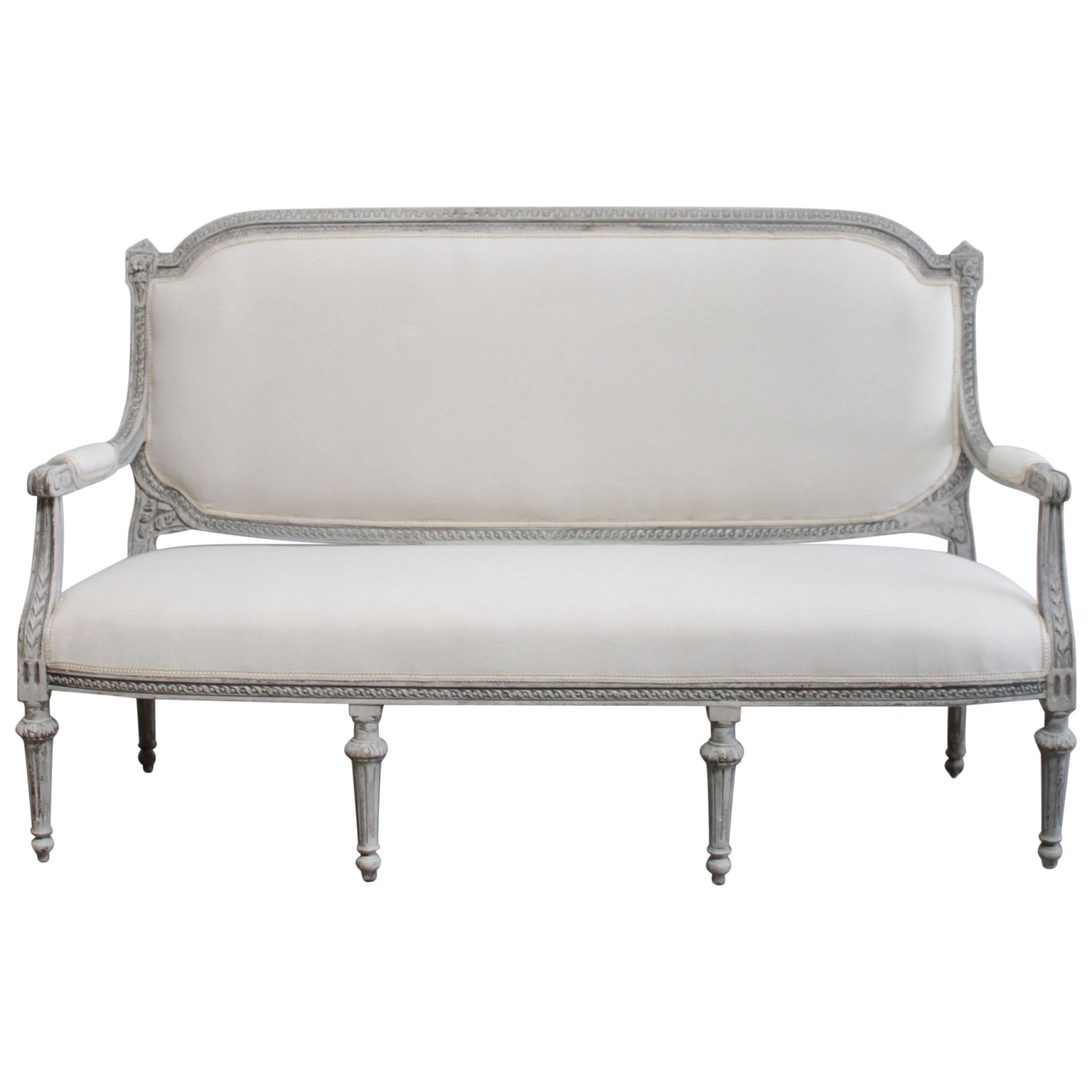 Vintage Painted and Upholstered Louis XVI Style Open Arm Sofa Settee