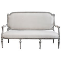 Vintage Painted and Upholstered Louis XVI Style Open Arm Sofa Settee